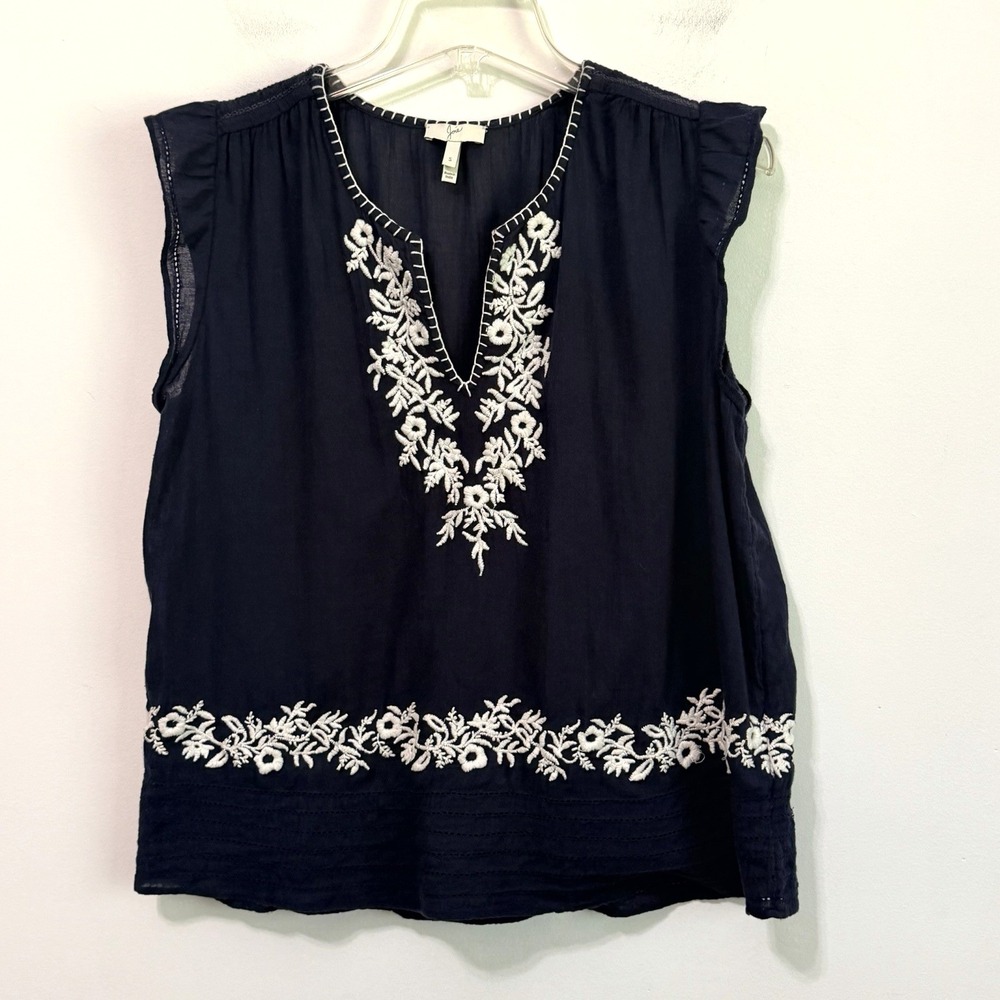 Joie Embroidered Top S Navy Cap Sleeve Floral Popover Summer Boho Shirt